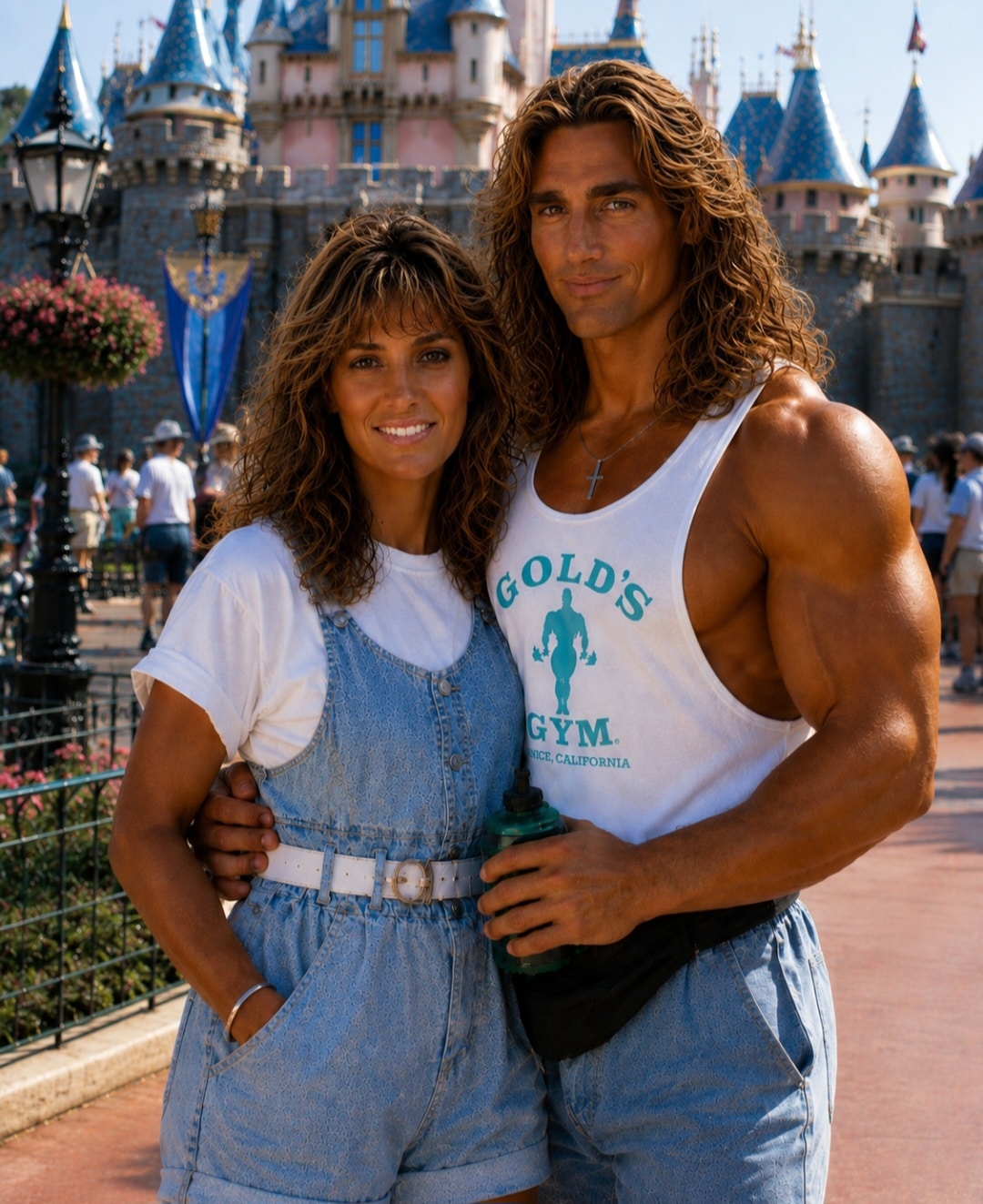 Couple posing together in front of a castle at a theme park, wearing white tops and denim outfits, smiling at the camera.