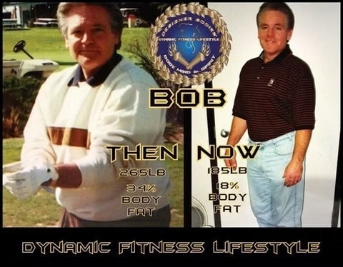 Before/after collage of Bob's transformation: then 265 lb, 34% body fat; now 185 lb, 18% body fat—Dynamic Fitness Lifestyle