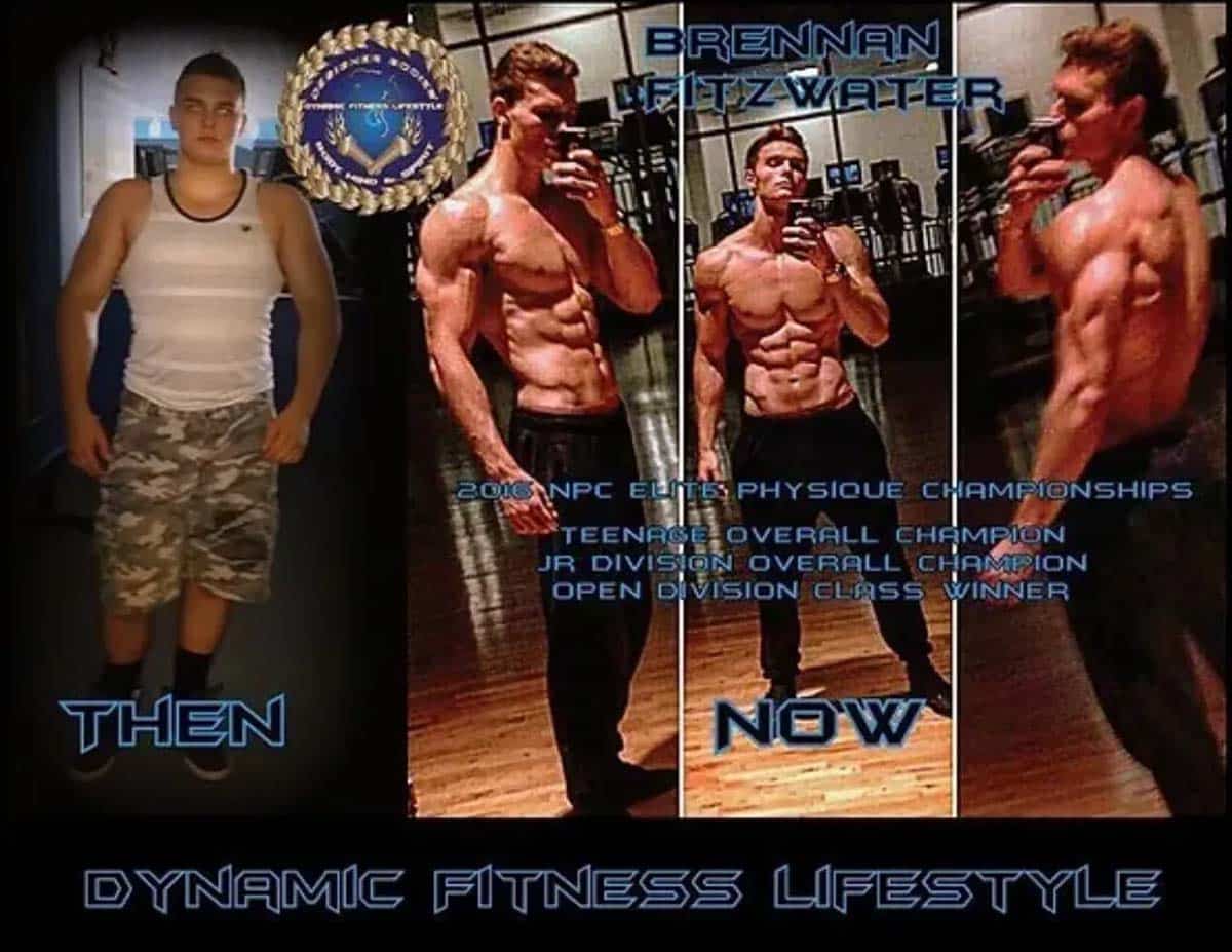 Collage showing a fitness transformation: slim man on the left ('THEN') and a muscular man in the middle and right ('NOW') in a gym, with 'Dynamic Fitness Lifestyle' at the bottom.