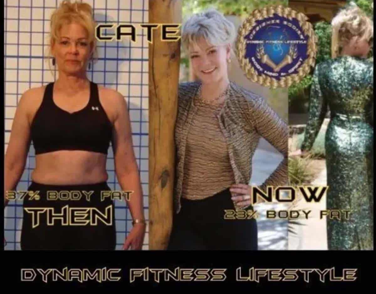 Transformation collage showing a woman before and after weight loss: left image in a black sports bra and leggings stands against a grid wall; right image shows her in a patterned jacket smiling beside a round badge. Bottom banner reads 'DYNAMIC FITNESS LIFESTYLE'.