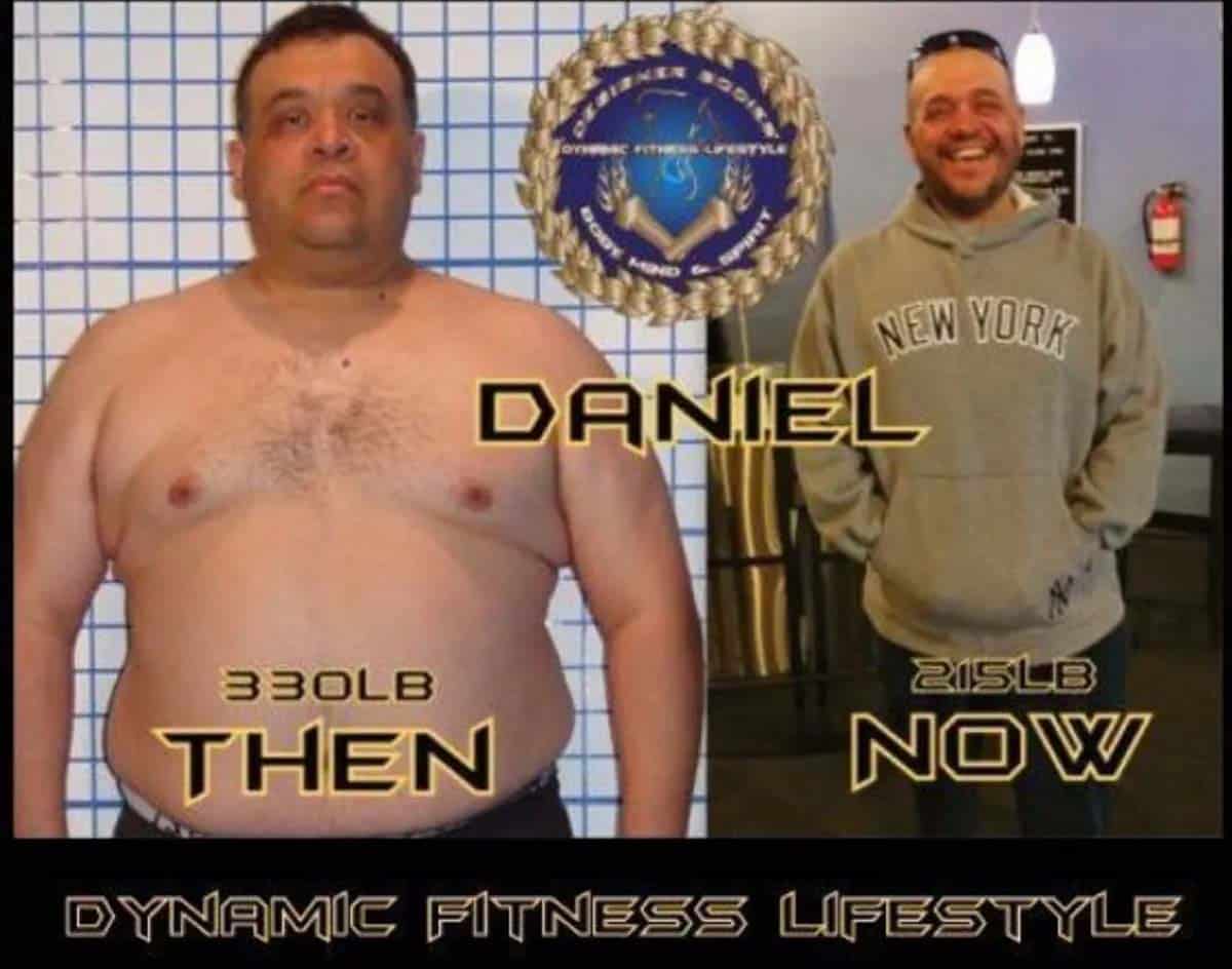 Mugshot-style before-and-after photo: Daniel, 330 lb shirtless on the left labeled 'THEN'; now 205 lb wearing a gray New York hoodie, on the right, with a 'Dynamic Fitness Lifestyle' logo