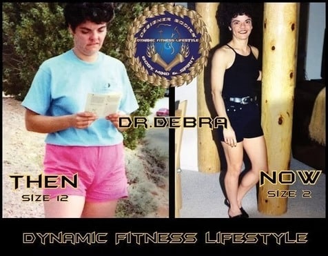 Split-screen transformation ad: on the left, a young person in a blue shirt and pink shorts reading a pamphlet labeled 'THEN size 12'; on the right, a fit person in a black tank top and shorts posing labeled 'NOW size 2', with 'Dynamic Fitness Lifestyle' branding and a fitness-themed emblem above.