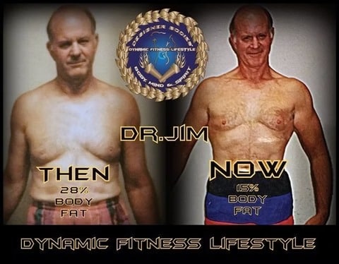 Before/after fitness transformation: muscular man on left with higher body fat and lighter shorts, right shows leaner physique with lower body fat, branding reads Dynamic Fitness Lifestyle Dr. Jim.