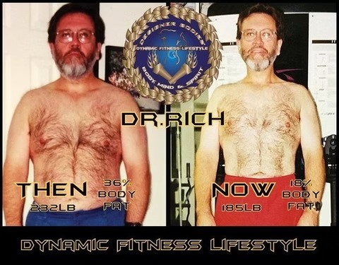 Two shirtless men in a gym showing a before-and-after body transformation, left heavier with 36% body fat, right leaner with 18% body fat, fitness branding in the background.