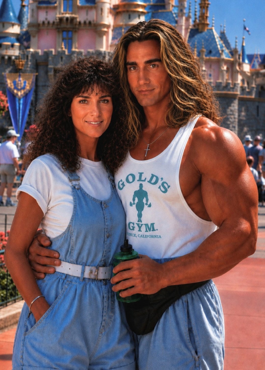 Couple posing together in front of a castle, the woman in a blue denim dress and the man in a White tank top with a cross necklace.