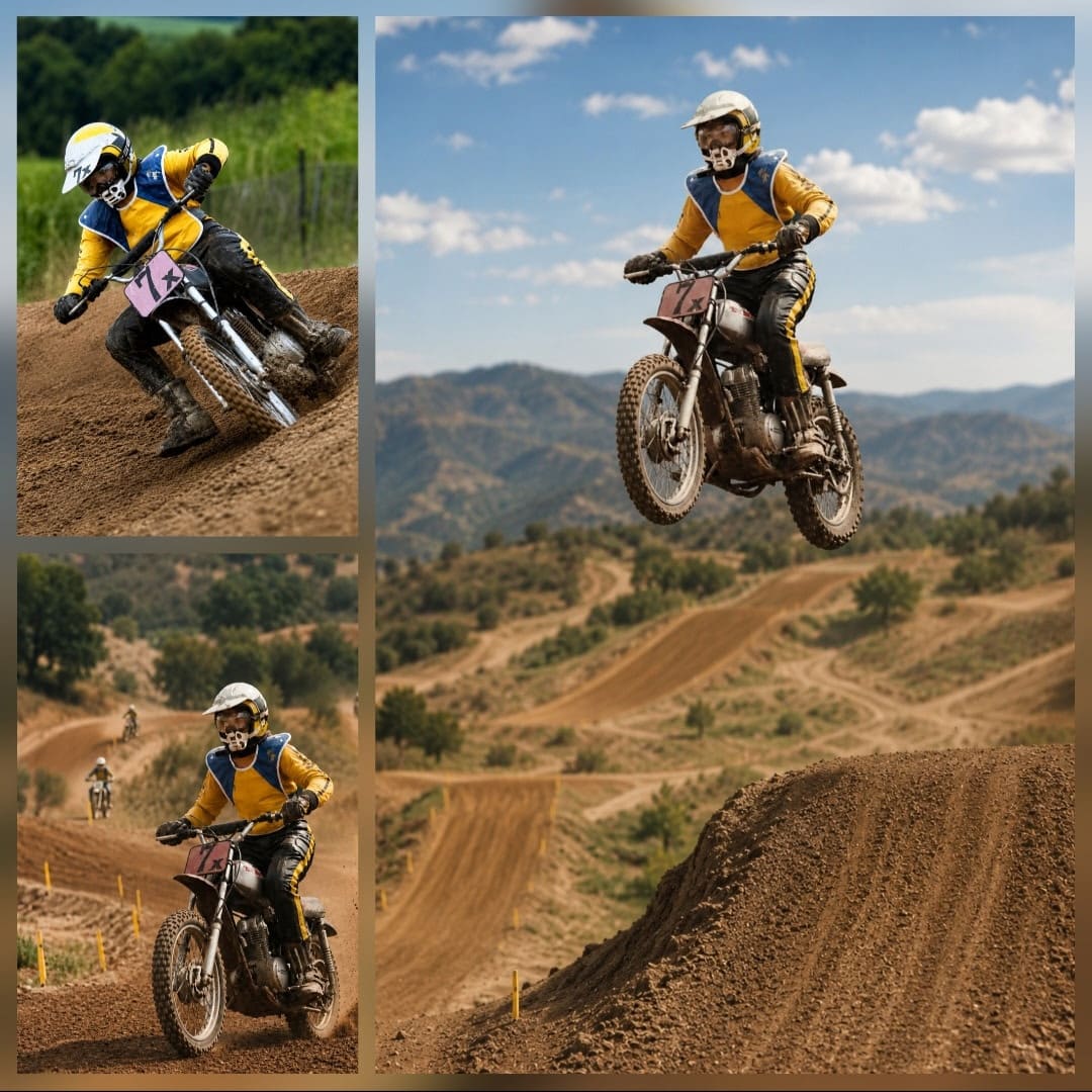 Motocross rider in yellow and blue gear jumps a dirt bike over a mound on a racing track