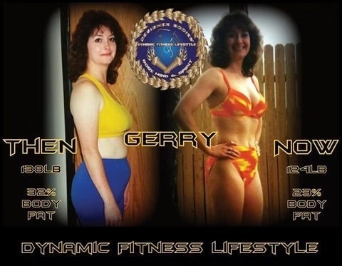 Before/after fitness banner: two women in bikinis labeled 'Then' and 'Now' with weight and body-fat stats, promoting Dynamic Fitness Lifestyle.