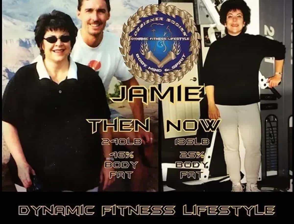 Jamie’s fitness transformation collage: left shows 240 lb with 46% body fat, right shows 135 lb with 25% body fat, branding reads 'Dynamic Fitness Lifestyle'