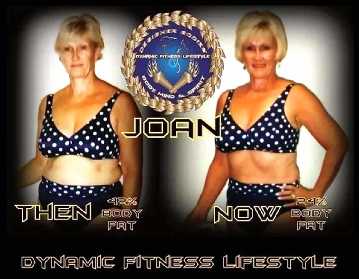 Before-and-after photo of a woman in a polka-dot bikini showing weight loss transformation, with JOAN and a fitness logo centered above.