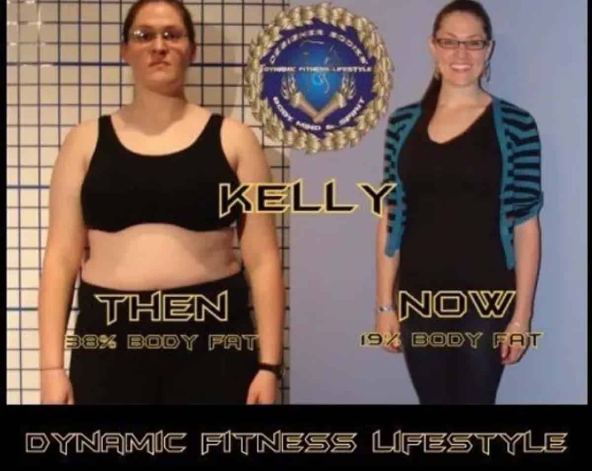 Weight‑loss transformation photo showing a woman before (38% body fat) and after (19% body fat) standing side by side with a logo above and 'Dynamic Fitness Lifestyle' text below.