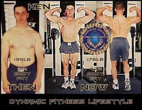 Male body transformation collage: 195 lb before and 176 lb after, showing flexed poses and 'Dynamic Fitness Lifestyle' branding.