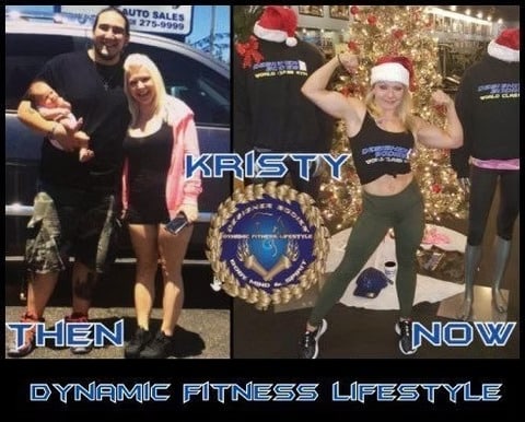Collage showing Kristy’s fitness transformation: left side labeled 'Then' with a man and woman holding a baby, right side labeled 'Now' of Kristy in workout clothes flexing beside a Christmas tree with a large award plaque, under text 'Dynamic Fitness Lifestyle'