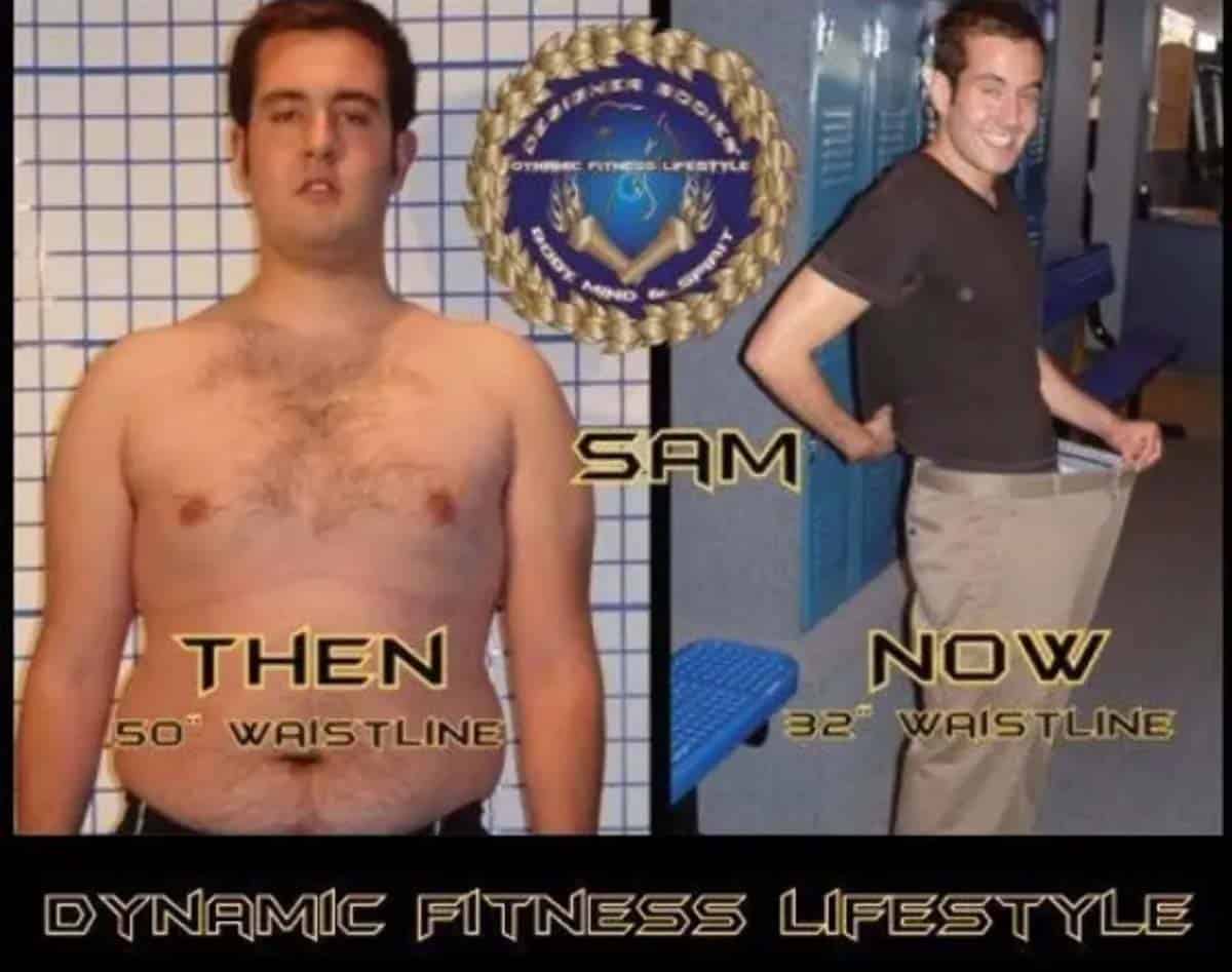 Side-by-side before-and-after photo of a man: left shirtless with a 50-inch waist, right fully clothed with a 32-inch waist showing slimmed figure.