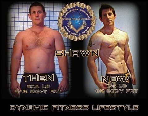 Before and after photo of Shawn: left—203 lb, 24% body fat; right—176 lb, 8% body fat; Dynamic Fitness Lifestyle.