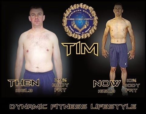 Weight-loss transformation: man before (186 lb, high body fat) and after (165 lb, low body fat) with 'Dynamic Fitness Lifestyle' branding and TIM logo center stage.