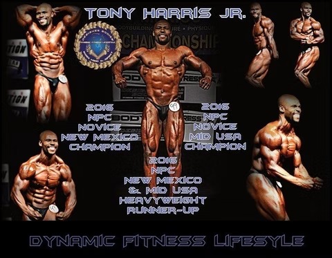Collage-style bodybuilding poster featuring Tony Harris Jr. posing in four different positions on a black background, with blue text reading 'Tony Harris Jr' at the top and 'Dynamic Fitness Lifestyle' at the bottom, and lists of 2016 NPC championships (New Mexico, Novice, Mid USA) and heavyweight runner-up.